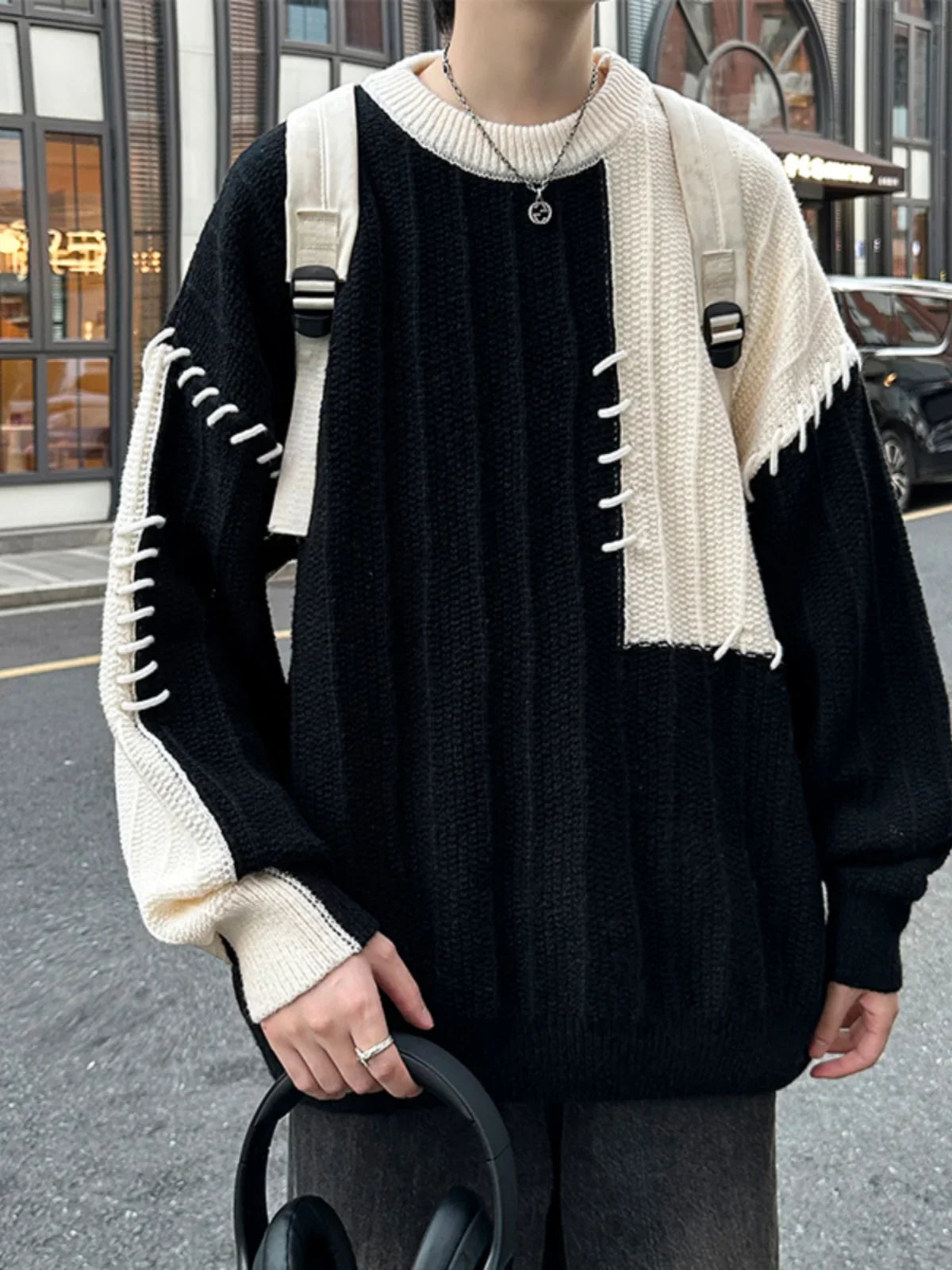 Fashion Autumn Winter Men's Oversize Loose Casual Jumpers Male Round Neck Sweater Tops Men Patchwork Knitted Tops S846