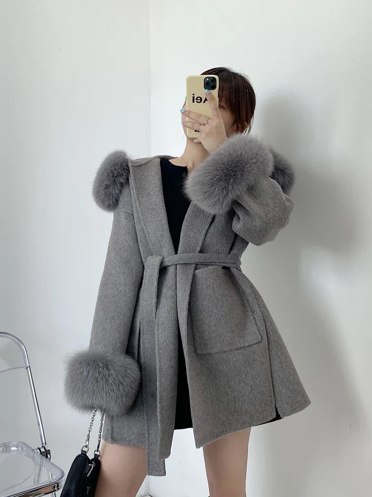 xsrrr New woolen Coat Oversize Ladies Outerwear Winter Women Natural Fox Fur Collar Cuffs Jacket Hood Cashmere Wool