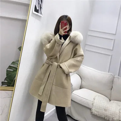 xsrrr New woolen Coat Oversize Ladies Outerwear Winter Women Natural Fox Fur Collar Cuffs Jacket Hood Cashmere Wool