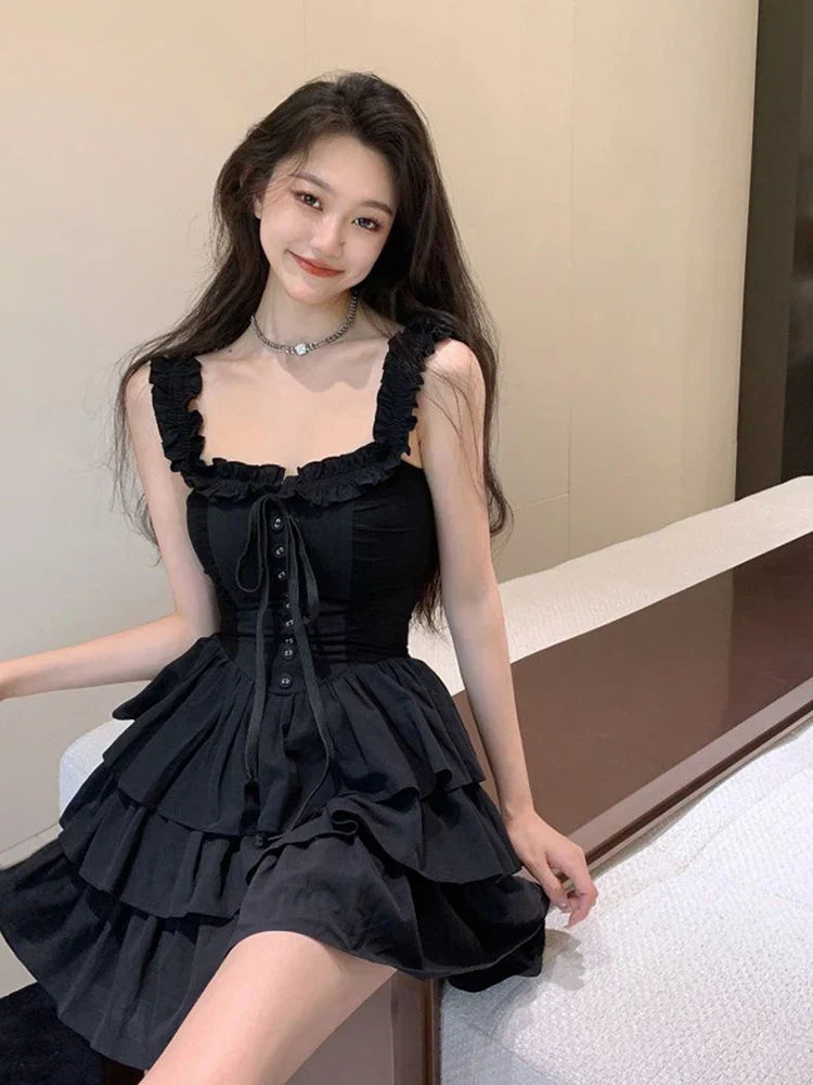 xsrrr Sexy Slip Lolita Style Black Dress Women Vintage Sleeveless Y2K Mini Dress Summer Slim Sweet Korean Lace Up Cake Dress New