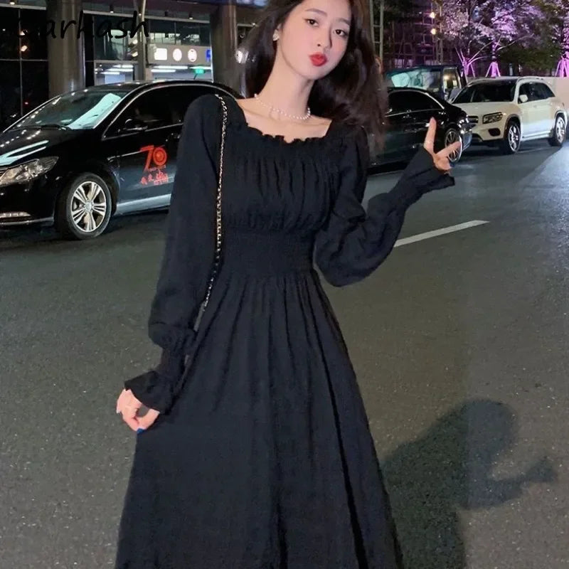 xsrrr DRESS TO IMPRESS Dress Women Gentle Vintage Pure Chic Long-sleeve Folds Square Collar A-line  Autumn Dating Vestidos Defined Aesthetic OOTD