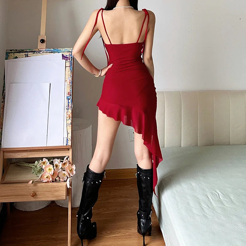 xsrrr DRESS TO IMPRESS New Retro Summer Sexy Spicy Girl Thai Dress Fashion Irregular Niche Design Women Group Ruffled Edge Red Ribbon Mini Dresses