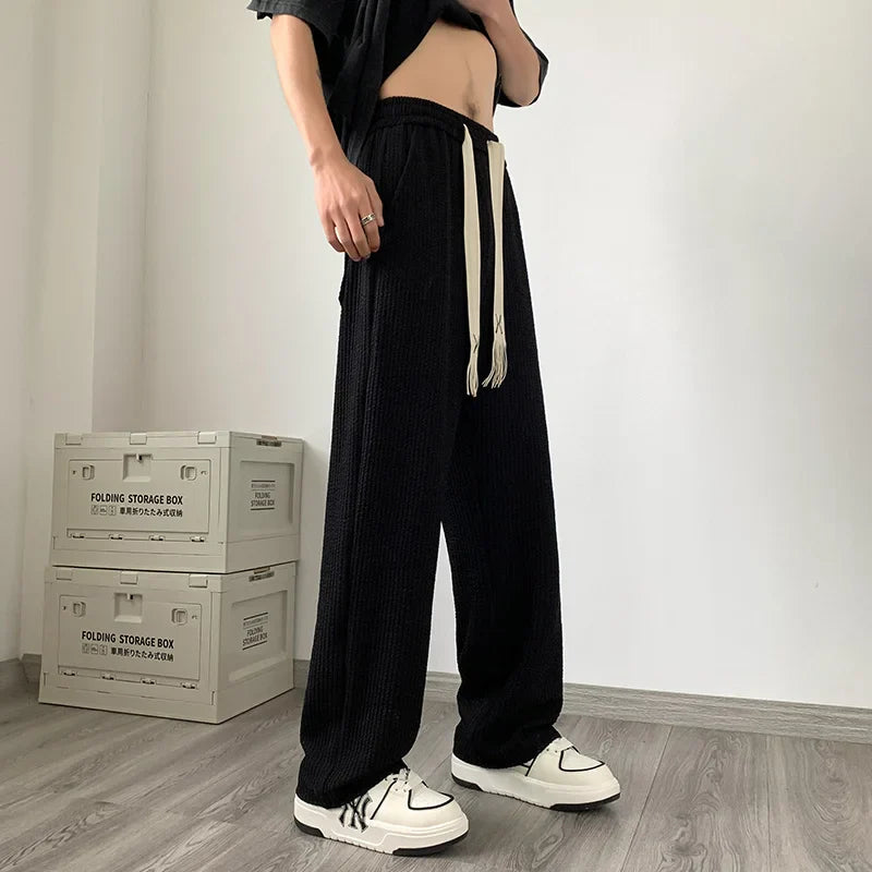 Summer Pleated Pants Men Fashion Oversized Wide Leg Pants Men Japanese Streetwear Hip Hop Loose Straight Pants Mens Trousers