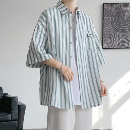 Half Sleeve Shirts Men Casual Stripe Shirts Streetwear Oversize Blouses Single Breasted Male Clothing Harajuku Summer