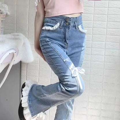 xsrrr Sweet Spice Girl Little Lace Strap Jeans Spring Summer New Ins Slim Elastic Split Horn Wide-leg Denim Pantalones High Waist Pant