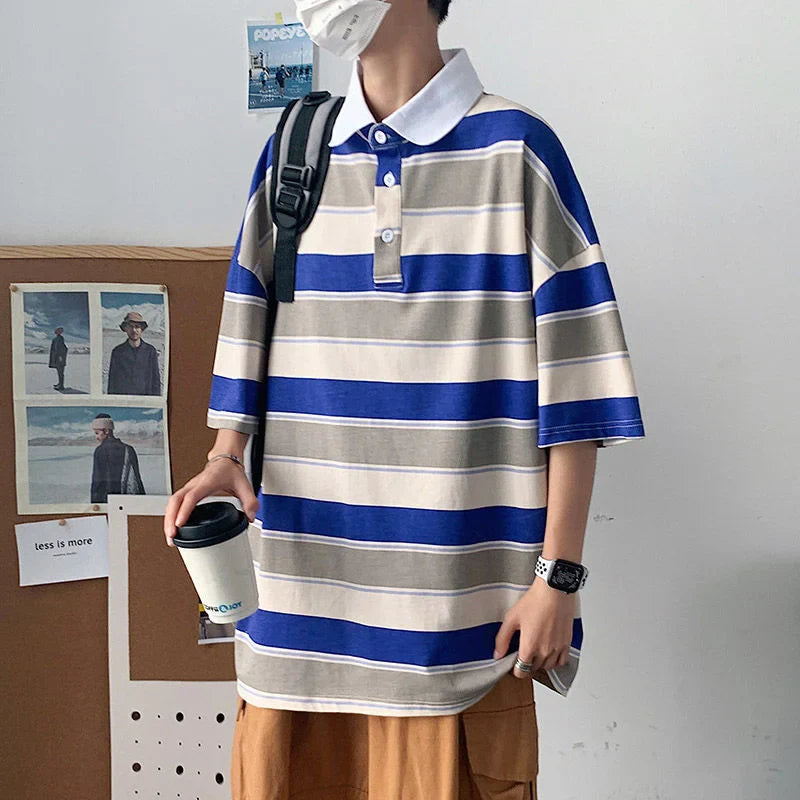 Striped Contrast Print POLO Shirts Fashion Summer Men's Clothes Classic Lapel Cotton Top Oversize Loose Short Sleeve Polo T-Shirt