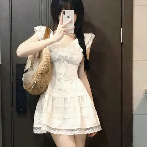 xsrrr Y2k Coquette White Lolita Sweet White Kwaii Cute Mini Dress Women Lace Bow Princess Slip Lace Short Dresses 2024 Fashion