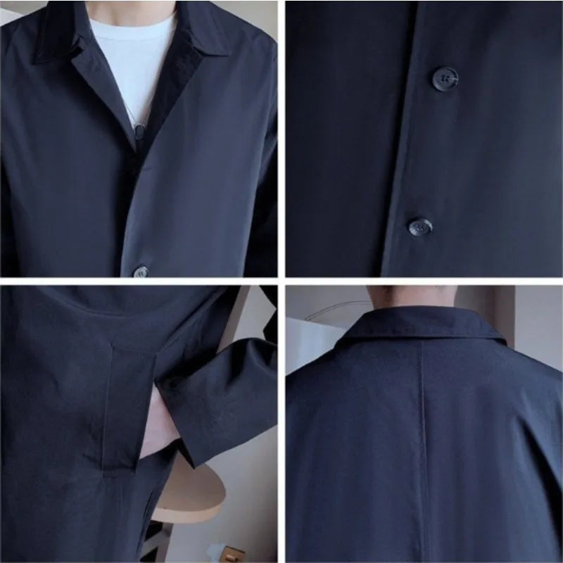 Men Trench Coat Loose Fit Long Lapel Single Breasted Windbreaker Fashion Jacket Office Button Overcoat Oversized Men Clothing