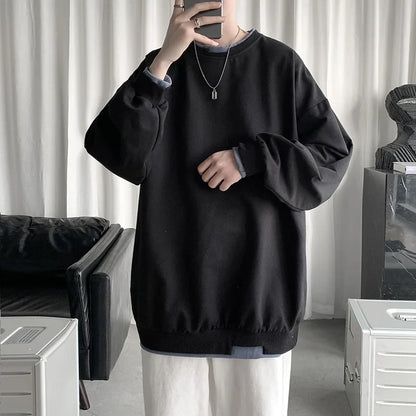 Mens Casual Sweatshirts Hoodie Men Fake Two Pieces Oversized Japanese Streetwear Sweatshirts Man Harajuku O-Neck Hoodie