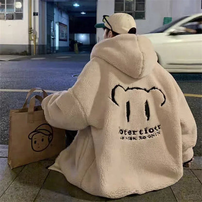 Men's Winter Jacket Oversized Hooded Coat Winter New Korean Fashion Preppy Style Loose Bear Embroidery Thickened Coat Jackets