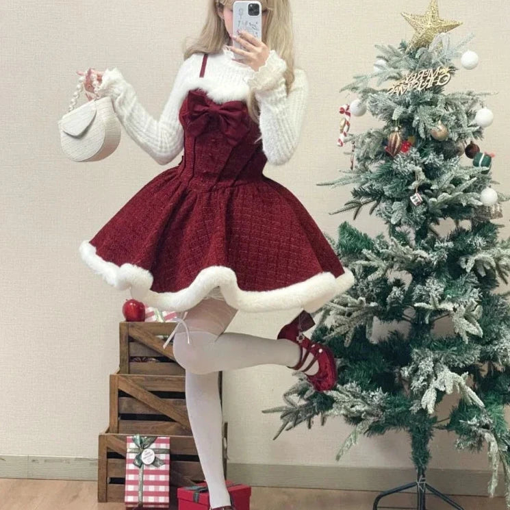 xsrrr Christmas Outfits Sweet Lolita Style Dress Sets Women Elegant Bow Plush Shawl Short Jackets Mini Skirts Suit Kawaii Christmas New Year 3 Piece Set