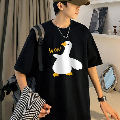 Summer Men's Cotton T-Shirt Funny Goose Print Cartoon Short Sleeve Tops O-Neck Tees Y2k 2024 Anime Casual Oversized T Shirts Men