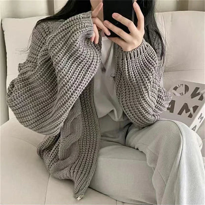 Hnewly FALL OUTFITS Chic Zipper Up Knitted Cardigan Women Autumn Winter Solid Color Twisted Sweater Woman Wild Long Sleeve Jumper Coats Mujer