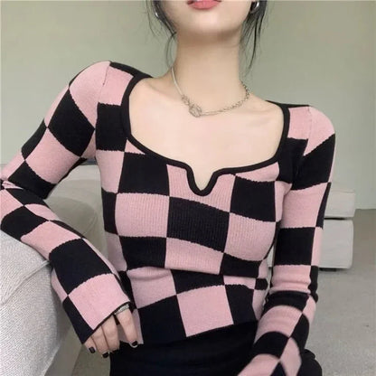 Hnewly Y2K Plaid Knitting Sweaters Autumn New Long Sleeve Slim Youth Short Korean Pullovers Top Fashion Temperament Women Clothing