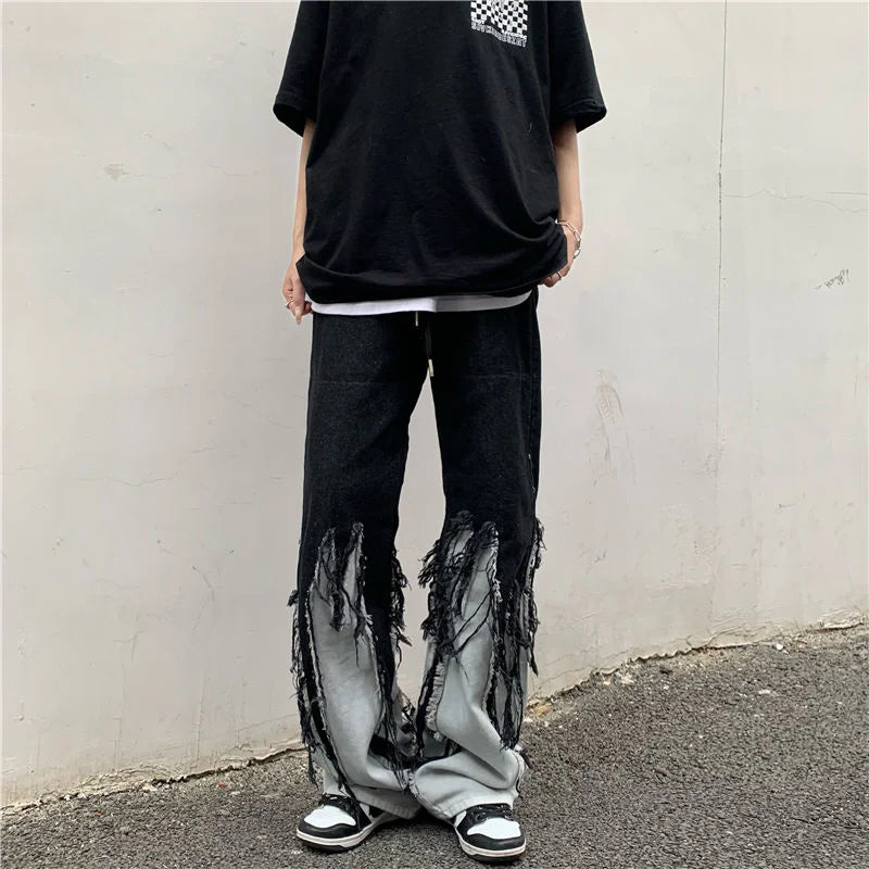 Loose Stitching Tassel Straight Jeans Four Seasons Street Washing Hip Hop Street Slim Pants Casual Wild Denim Trousers Oversize