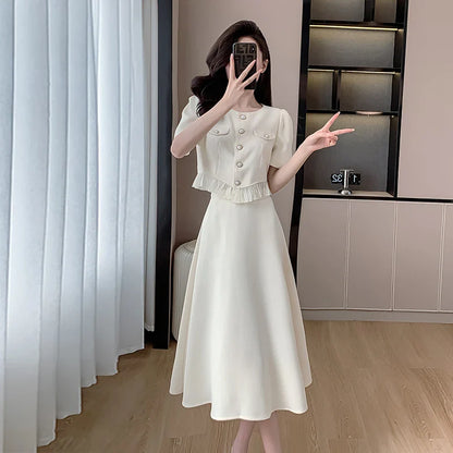 xsrrr French Vintage Solid Womens Midi Dress Short Sleeve O-neck Elegant Slim Summer Fashion Office Ladies Two Piece Set Clothing