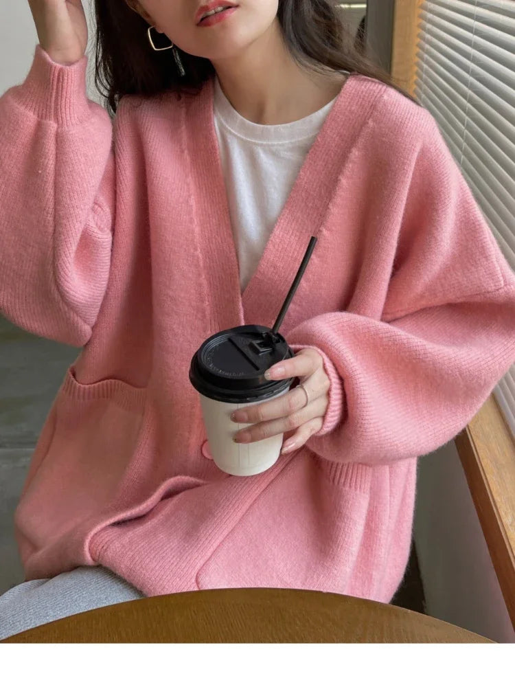 xsrrr FALL OUTFIT Autumn Winter Sweater Women's Cardigan Knitted Jacket Long Sleeve Top Loose V-neck Solid Korea Fashion Sweaters for Women