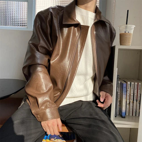 Korean Streetwear Autumn Winter Men's Clothing Oversize Coat Loose Casual PU Leather Jacket Coat Male Zipper Lapel Clothes