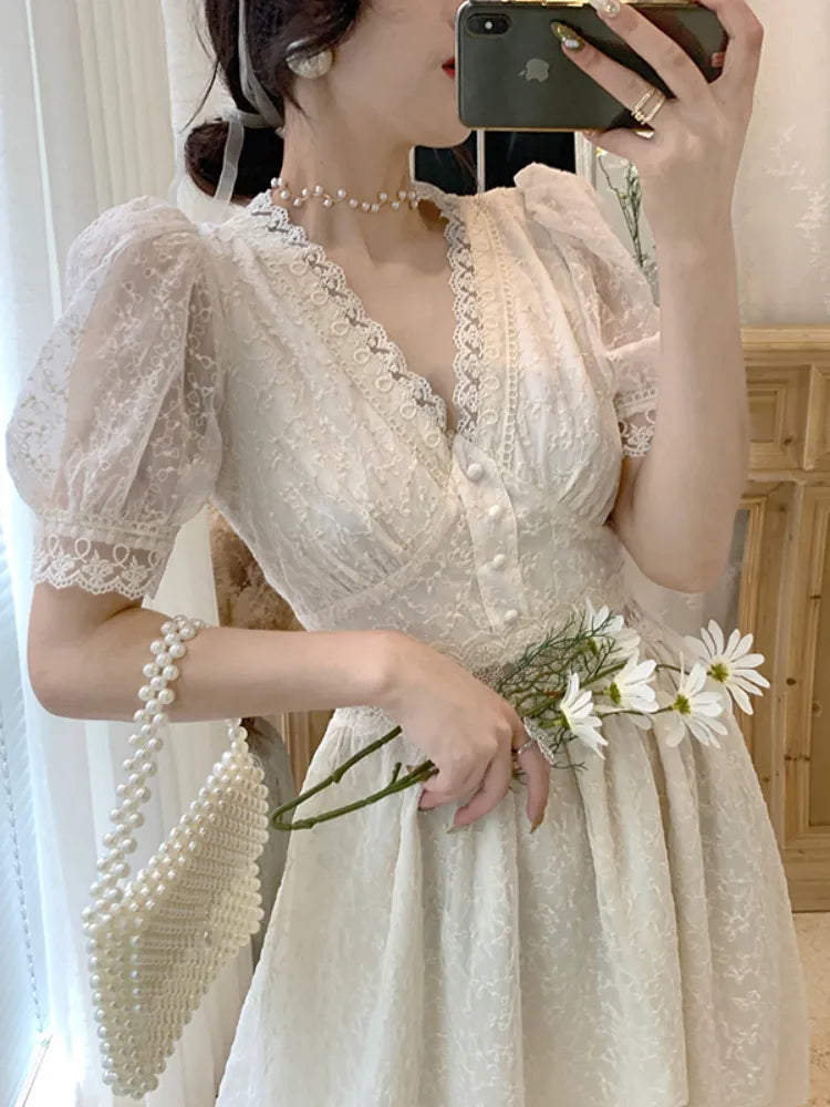 xsrrr Summer Elegant Lace Fairy Dresses Women Embroidery Mesh Sweet Party Long Dress Female Elegant Korean Lolita Princess Dress