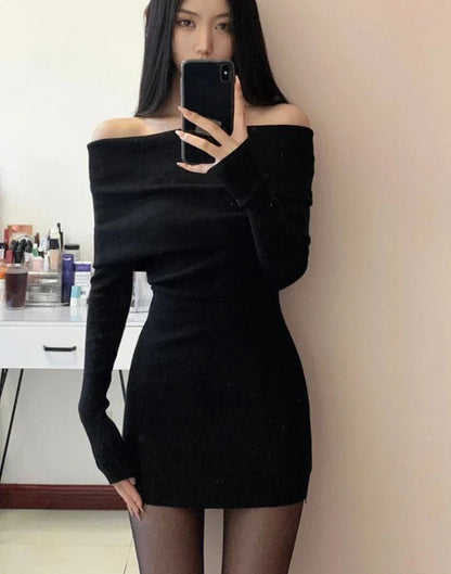 xsrrr Christmas Oufits Sexy Dresses Women Backless Knitting Slim Y2k Girls Tender Korean Style Soft Casual Autumn Slash Neck Hotsweet Cozy New Clubwear