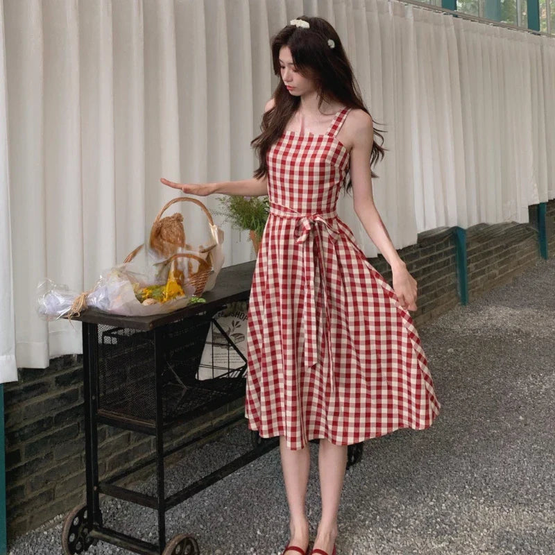 xsrrr DRESS TO IMPRESS Sweet Plaid Dress for Women Summer Fashion Elegant Chic Strap Mini Dress Female Birthday Even Party Korean Style Dress Slim