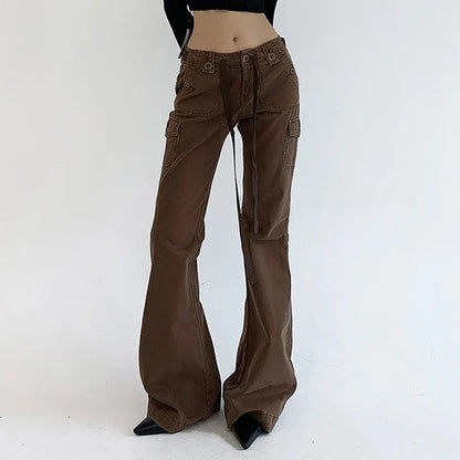 xsrrr Vintage Y2K Chic Brown Low Waisted Flared Jeans Stitched Streetwear Grunge Denim Trousers Korean Boot Cut Pants Slim