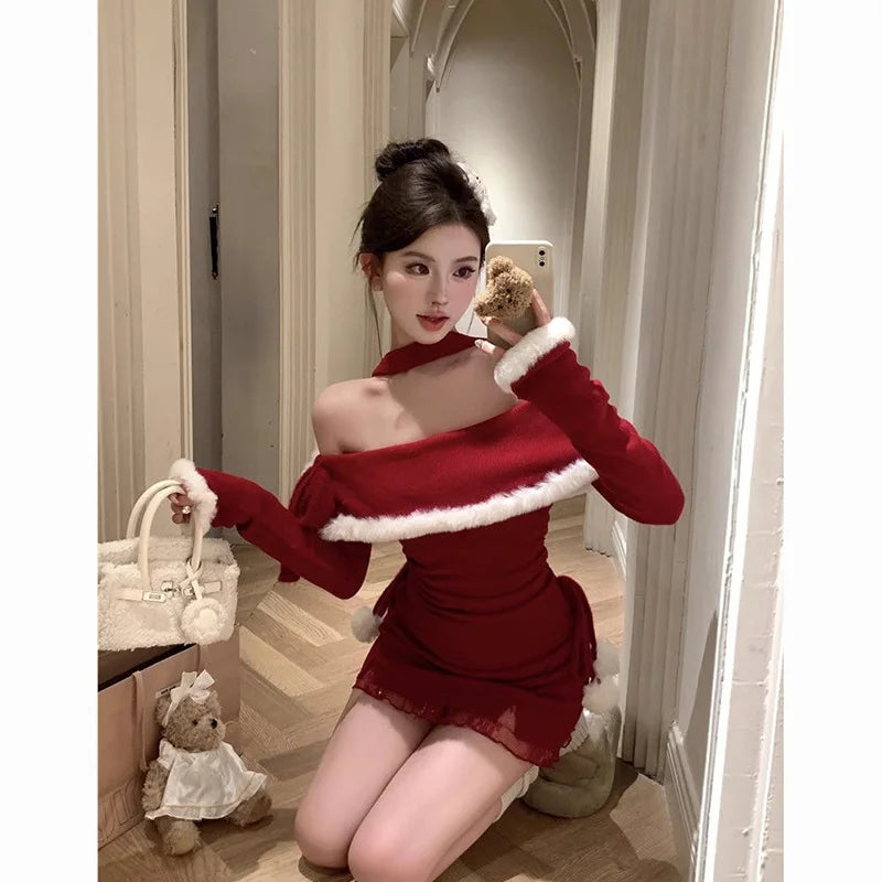 xsrrr Christmas DRESS TO IMPRESS Slash Neck Halter Knitting Dresses Female Autumn Winter Christmas Red Tight Dress Women Clothes Slim Lacing Mini Dress New