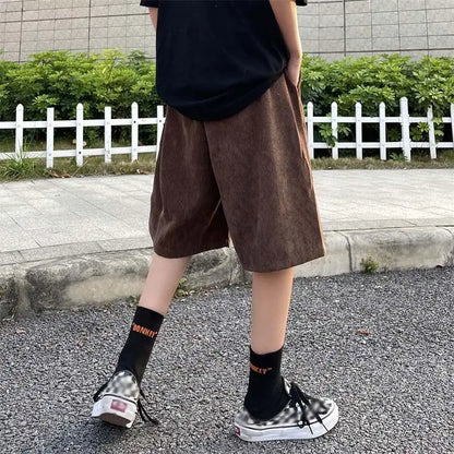 Brown Corduroy Shorts Oversized Baggy Five Point Trousers Summer Korean Fashion Wide Leg  Ins Hip Hop Bottoms Men