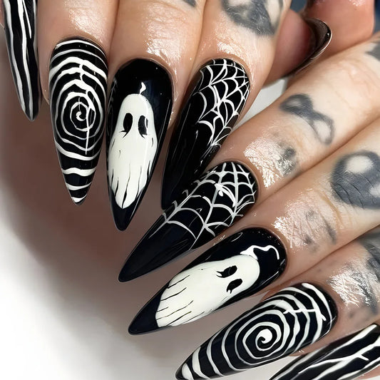 xsrrr Halloween Nails 24pcs Black Cool False Nails with Ghost Spider Web Pattern Decor Almond Fake Nail Tips Wearable Halloween Party Press on Nails