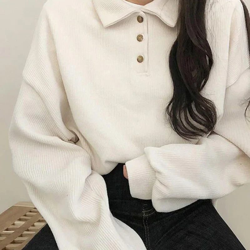 xsrrr Fall Winter Ribbed Pullovers Women Casual Simple Preppy Style Student Turndown Collar Sweater Korean Button-up Blouses