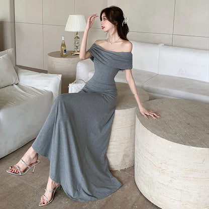 xsrrr New Elegant Solid Strapless Long Dress for Women Summer 2024 Sexy Slim High Waisted Off Shoulder Party Evening Dresses Korean