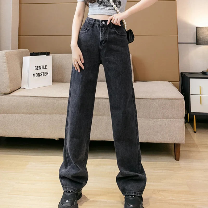 xsrrr Autumn Spring Jeans Women Denim Pants Vintage Straight Trousers Fashion Female White Black Solid Loose Casual Wide Leg Pants