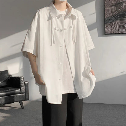 Men's Casual Blouse Long Sleeve Tee Shirt Y2K Vintage Oversized Blouses Chinese Style Baggy Button Up Shirt