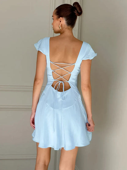 xsrrr Elegant Backless Lace Up Mini Dress Women Summer Solid Color High Waist Slim Short Sleeve Patchwork Party Mini Dress 2024