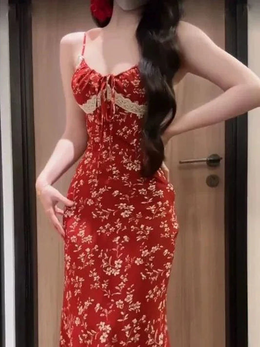 xsrrr DRESS TO IMPRESS Red Floral Sexy Slip Dress Women Elegant Vintage Long Lace Bodycon Dress Summer Beach One Piece Dress Female Korean Style Party