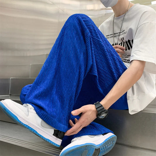 Summer Ice Silk Pants Men Fashion Oversized Wide Leg Pants Men Japanese Streetwear Hip Hop Loose Pleated Pants Mens Trousers