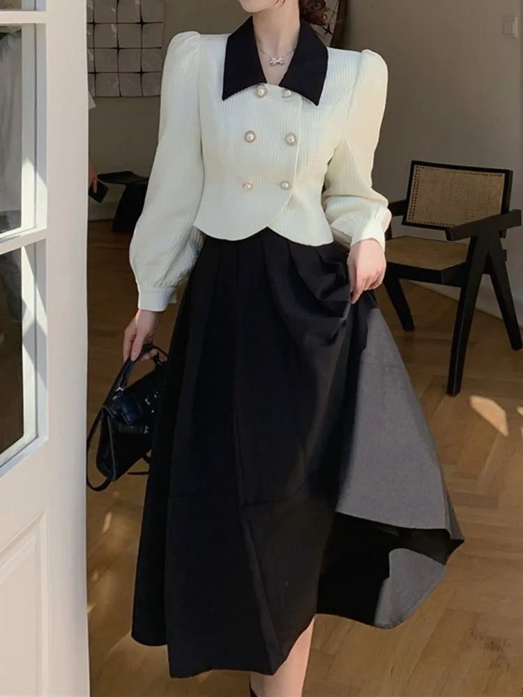 xsrrr DRESS TO IMPRESS Spring Elegant Two Piece Set Women Casual Slim Korean Coat + Black Pleated Gothic Vintage Midi Skirt Office Lady Skirt Sets