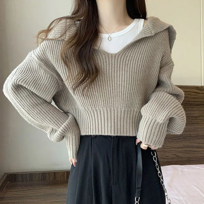 xsrrr Long Sleeve Cropped Sweater Women Autumn Winter Turn Down Collar Knitted Jumper Woman Korean Style Solid Color Jerseys