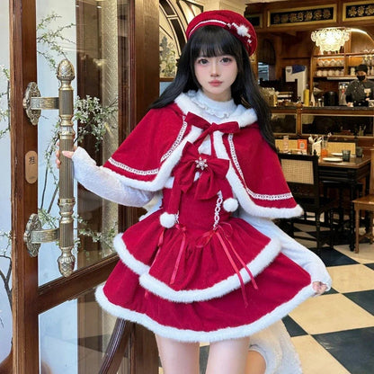 xsrrr NEW YEAR DRESS TO IMPRESS Japanese Kawaii Lolita Dress Sets Women Hooded Shawl Short Jackets Bow Mini Skirt Korean Style Sweet Red Christmas New Year Suit