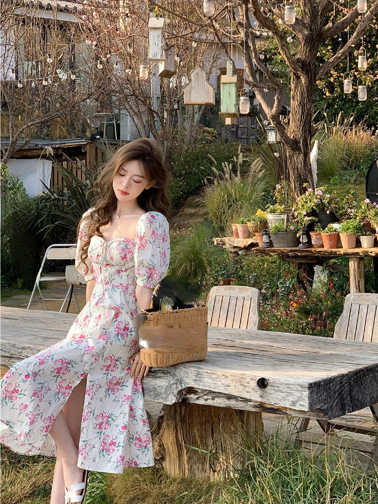 xsrrr Summer Vintage Floral Midi Dress Woman Beach Style Korean Fashion Elegant Party Dress Casual  Princess Fairy Dress Designer