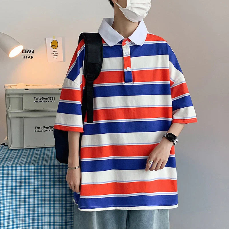 Striped Contrast Print POLO Shirts Fashion Summer Men's Clothes Classic Lapel Cotton Top Oversize Loose Short Sleeve Polo T-Shirt