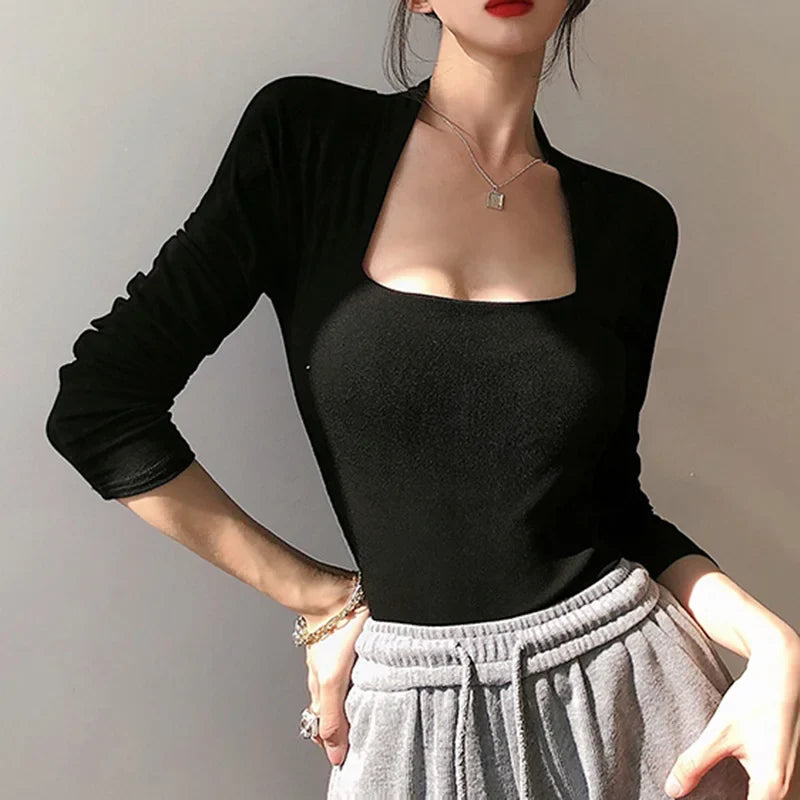 xsrrr Square Collar Warm Long Sleeve Tops Casual Women T Shirts Autumn Winter Skinny Sexy Solid Basic Crop Top Fashion Streetwear