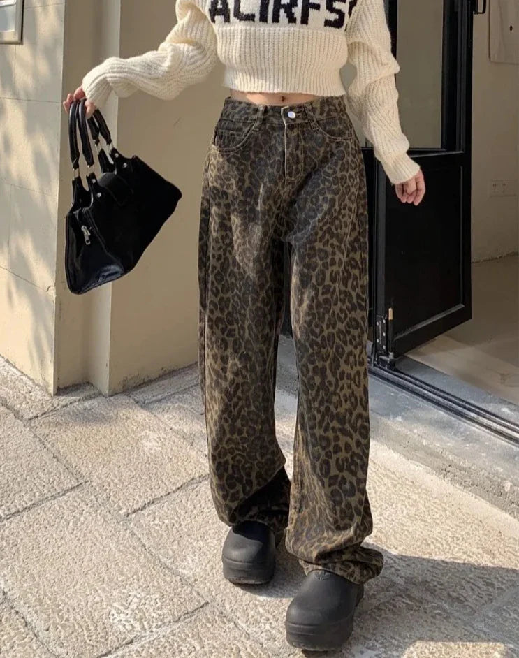 xsrrr Vintage Leopard Print Pantalon Femme Wide Leg Pants Women High Waist Straight Y2k Jeans Casual Fashion Korean  Jean Trousers