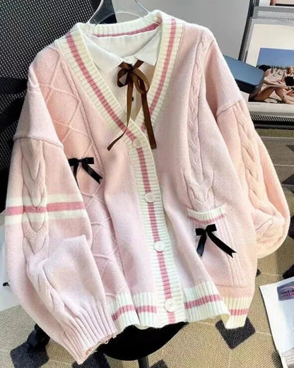 xsrrr Sweet Bow Knitted Cardigans Y2k Aesthetic All Match Contrast Color Coats Fashion Single Breasted Women Kawaii JK Sweaters Jumper