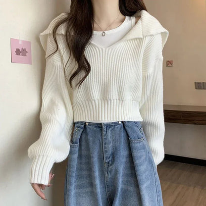 xsrrr Long Sleeve Cropped Sweater Women Autumn Winter Turn Down Collar Knitted Jumper Woman Korean Style Solid Color Jerseys