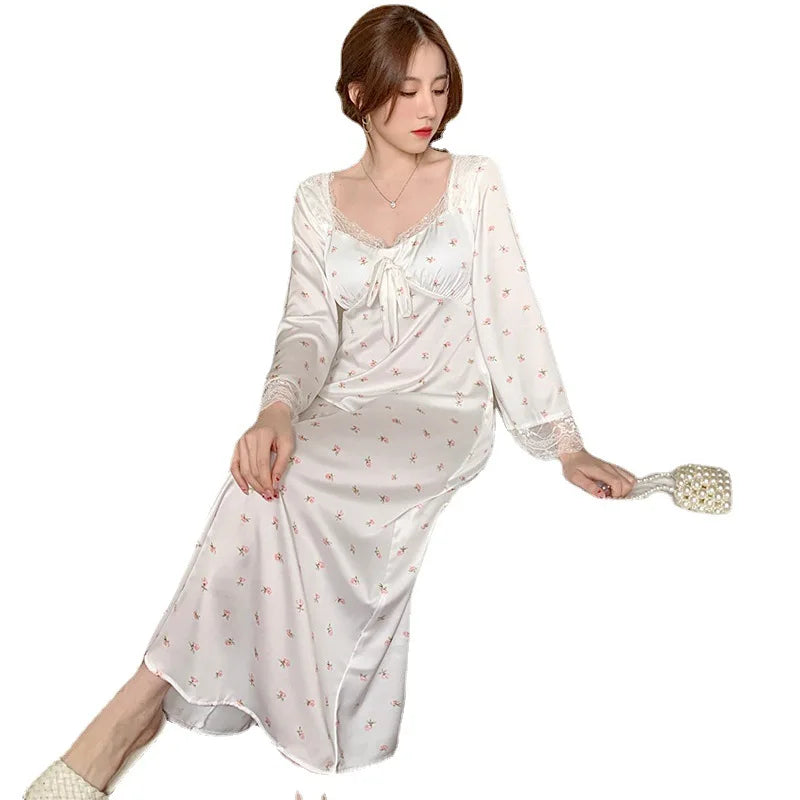 xsrrr Retro Court Style Square Collar Long Sleeve Nightdress New Spring Women Nightgown Sleepwear Sweet Print Flower Lace Home Dress