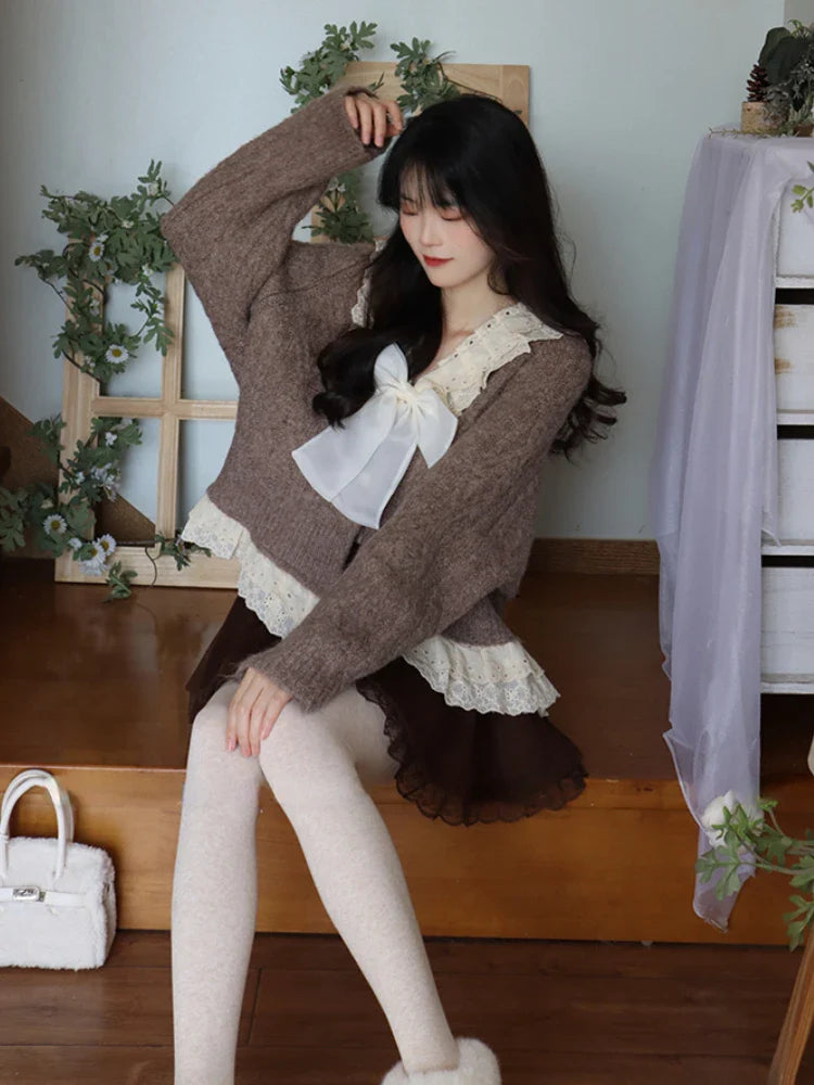 xsrrr BACK TO SCHOOL OUTFIT Kawaii Ruffles Knitted Cardigan Women Winter Bow Japanese Lace Warm Sweet Sweater Female Single-breasted Korean Casual Tops