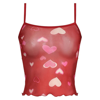 xsrrr Sexy Transparent Camis y2k Cute Heart Print Sleeveless Strap Cropped Top Women Clubwear See Through Tees Summer Harajuku