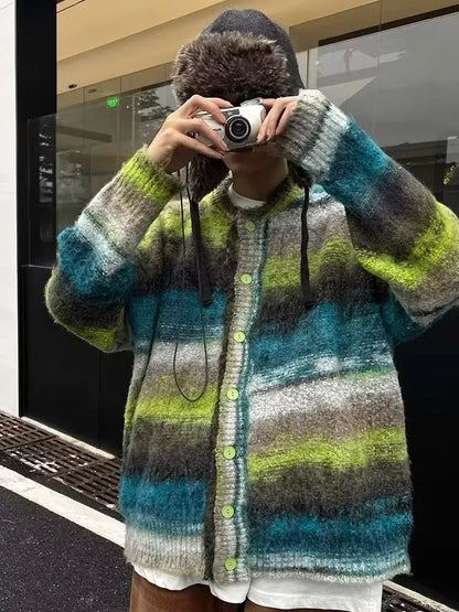 Striped Knitted Sweater Coat Men Japanese Y2K Oversize Casual Autumn Winter Loose V-Neck Cardigan for Men Rainbow Color