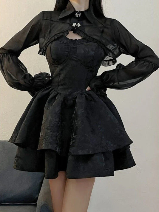 Hnewly DRESS TO IMPRESS Summer Black Gothic Lolita Short Party Suits Women Long Sleeve Coat + Pure Color Mini Dress Fashion High Waist Outfits Chic